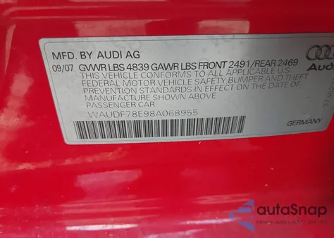 2008 Audi A4 2.0T из США, поврежденный, VIN WAUDF78E98A068955